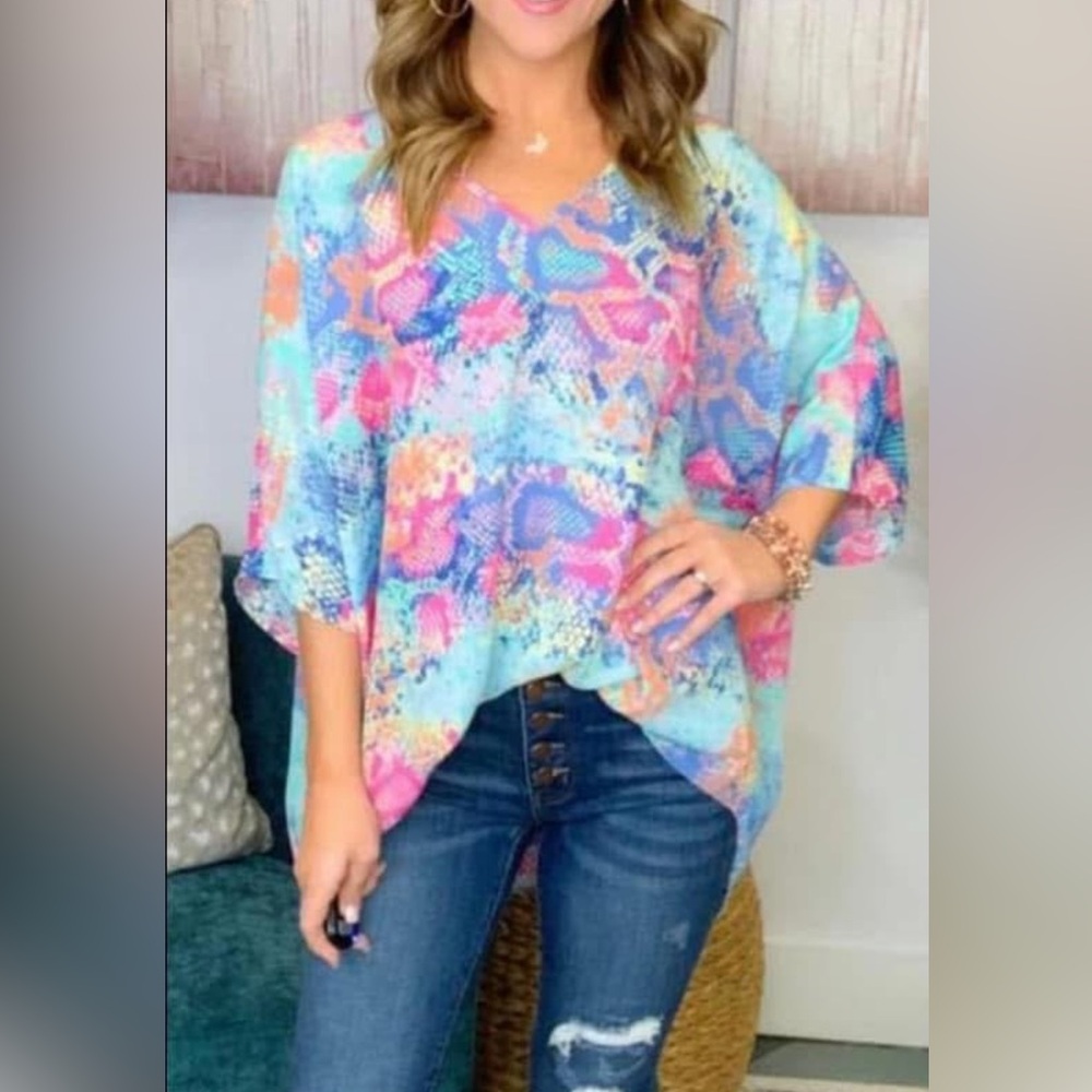 Adrienne Pink and Blue Oversized Snakeskin tie dye Blouse
